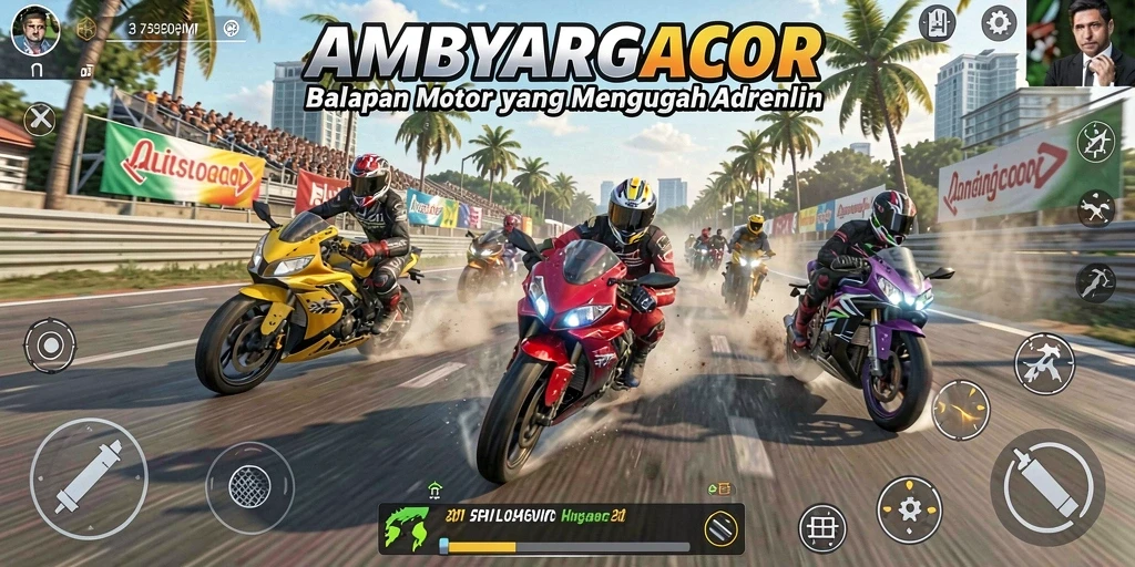 Screenshot gameplay AMBYARGACOR menunjukkan aksi balapan motor yang mendebarkan.