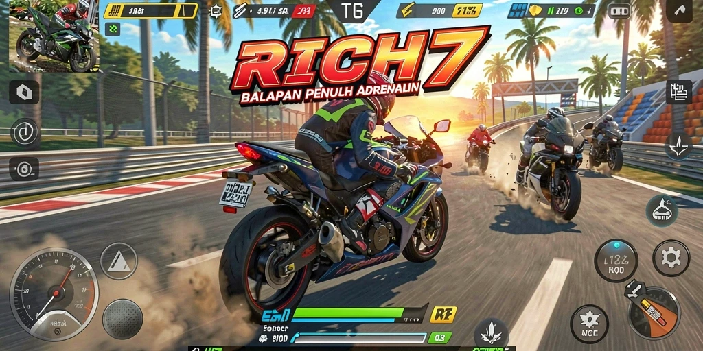 Gameplay intens di RICH7 menunjukkan balapan motor yang seru.