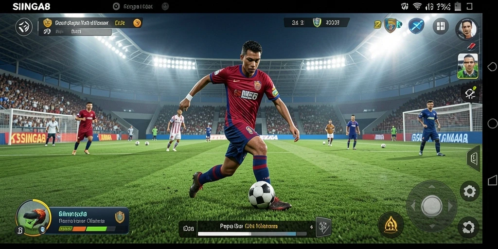 Tampilan gameplay SINGA8 yang menakjubkan dengan aksi sepak bola nyata.